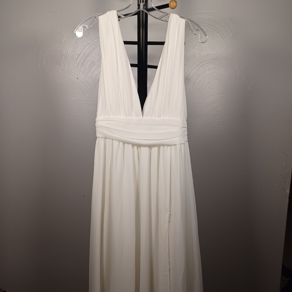 Lulus White Plunge Maxi Dress High Slit Size M
